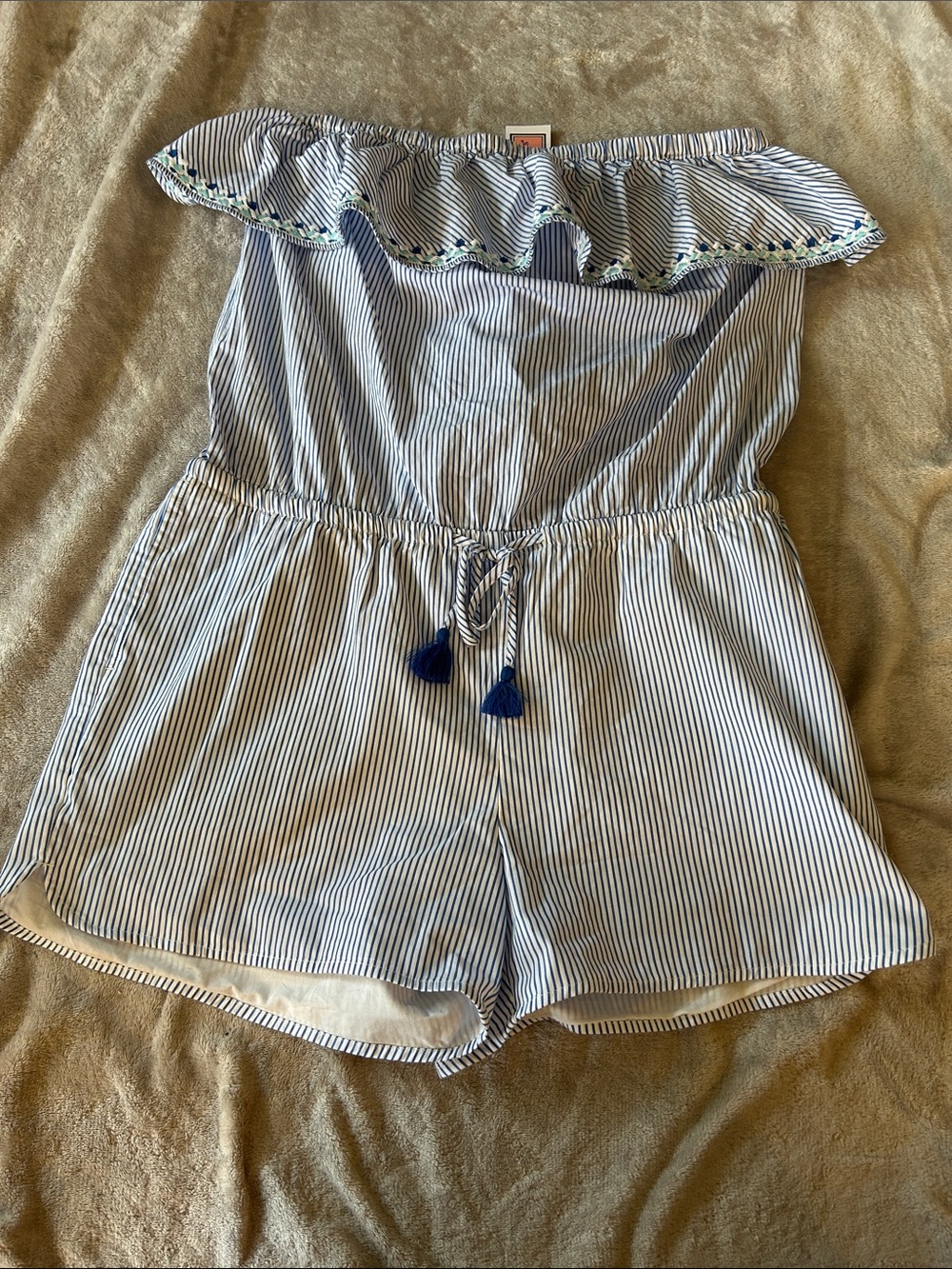 Vineyard Vines Navy and White Striped Off-Shoulder Romper with Tassel Tie
